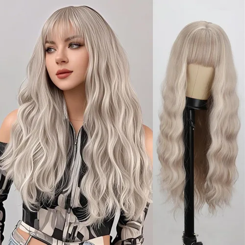 Peluca larga de color rubio ceniza con flequillo, pelucas onduladas y rizadas gris rubio de aspecto natural, peluca de fibra sintética resistente al