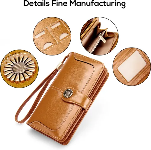 Miniatura 5 de INSIFEEL Billetera pequeña para mujer, bolso compacto de cuero con bloqueo RFID RFID para mujer, Marrón, Retro