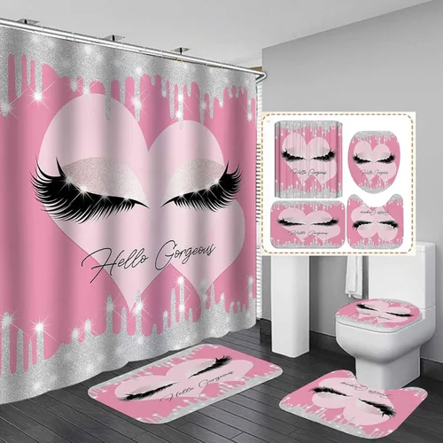 Camille&Andrew - Juego de 4 cortinas de ducha con pestañas, color plateado brillante y glamuroso, maquillaje moderno, para niñas adolescentes,