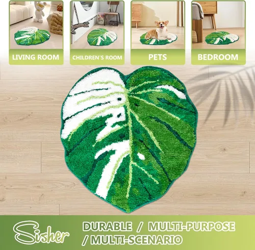 Miniatura 6 de Sisher Alfombra de baño de hojas verdes, alfombra grande Monstera para niños, alfombra de hoja verde, antideslizante, cómoda alfombra