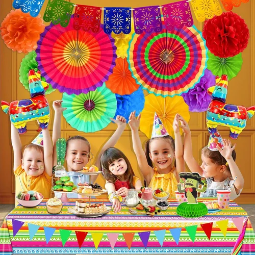 Miniatura 4 de 7 variedades – 33 piezas de decoraciones de fiesta del Cinco de Mayo, suministros de fiesta mexicana, abanicos de papel, pompones, cubierta de mesa