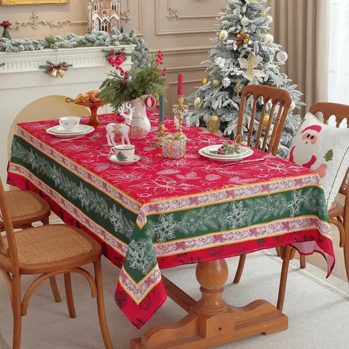 Miniatura 9 de SASTYBALE - Mantel navideño rectangular de 52x70 pulgadas, con diseño vintage de Flor de Pascua y acebo, resistente a las arrugas, para cenas