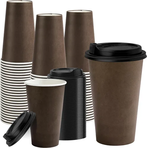 RACETOP Tazas de café desechables de 16 onzas con tapas, paquete de 100 tazas de café de papel de color café con tapas, taza para llevar con tapa