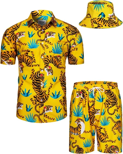 Miniatura 131 de TUNEVUSE Conjunto de camisas y pantalones cortos hawaianos para hombre, 2 piezas, trajes de playa con estampado de flores, traje tropical de verano