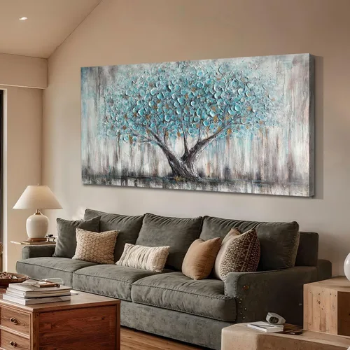 Miniatura 6 de Arjun Arte de Pared en Lienzo de Árbol para Sala de Estar, Árbol de la Vida Azul, Naturaleza Verde Azulado, Pintura Abstracta con Textura, Cuadro