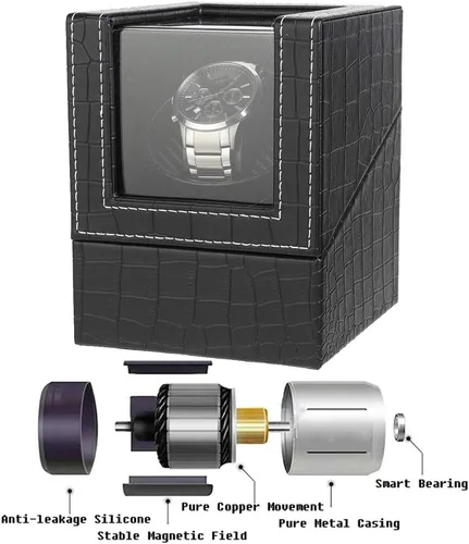 Miniatura 4 de Bobinadora automática de un solo reloj, en carcasa de madera y cuero negrocuero de fibra de carbono, motor japonés