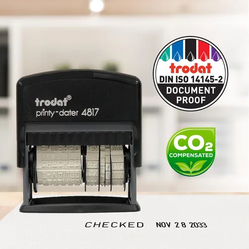 Miniatura 8 de Trodat Printy 4817 Economy Dial-A-Phrase, 12 mensajes populares de oficina, mes en letras, día y año en números, sello de fecha de goma – Negro