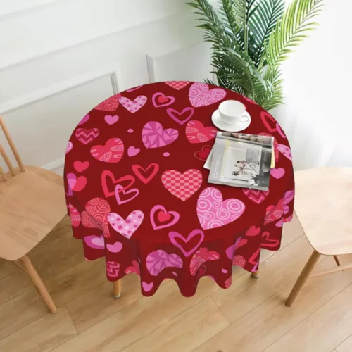 Miniatura 2 de Sweetshow Mantel redondo para el día de San Valentín de 60 pulgadas, rústico, romántico, rosa, rojo, corazón, estampado de corazón, con decoración