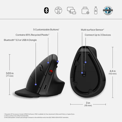 Miniatura 7 de HP 920 - Ratón ergonómico vertical inalámbrico Bluetooth 5.3 y dongle USB, 5 botones programables, batería de 16 semanas, multidispositivo