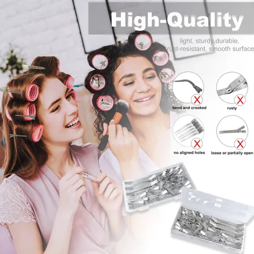 Miniatura 5 de HiJeaton 42 piezas de pinzas para el pelo de metal plateado con pico de pato para peinar y separar, pinzas largas de pico de pato, rulos de pinza