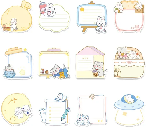 144 hojas de notas adhesivas, nota adhesiva de dibujos animados Kawaii con 12 formas diferentes, mini marcadores de banderas, blocs de notas