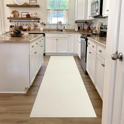 Miniatura 34 de LEEVAN - Alfombras lavables para cocina de 3 x 5 pies, alfombra de color crema para dormitorio, alfombra de algodón tejida para entrada, alfombra