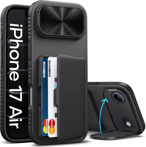 Miniatura 44 de Funda para iPhone 16e tipo cartera, soporte integrado, tarjetero y cubierta para lente de cámara, protección de cuerpo completo, resistente, Negro