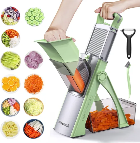 Miniatura 12 de Jonscook Rebanador de mandolina todo en uno seguro para cocina, picador de alimentos con contenedor, cortador de verduras con grosor ajustable