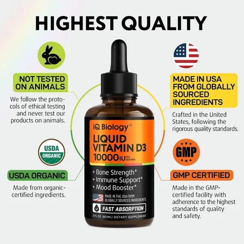 Miniatura 4 de Vitamina líquida D3 10000 UI (250 mcg) – Gotas de vitamina D orgánica USDA para adultos y niños – Vit D3 con aceite MCT para una mejor absorción