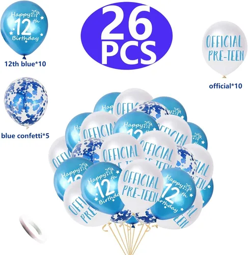 Miniatura 2 de Globos de cumpleaños número 12, globos oficiales para preadolescentes, globos de látex con confeti y cinta para el cumpleaños número 12 de un chico