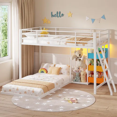 Miniatura 9 de Hasuit Litera baja individual sobre individual con organizador grande de almacenamiento de juguetes y 3 contenedores, luces LED, literas de suelo