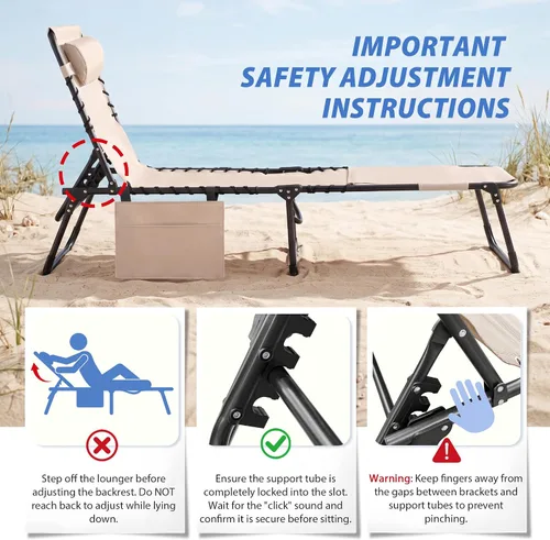 Miniatura 6 de Flamaker Silla de Tumbona Plegable Ajustable en 5 Posiciones, Silla para Tomar el Sol con Bolsillo Lateral, Silla de Bronceado al Aire Libre
