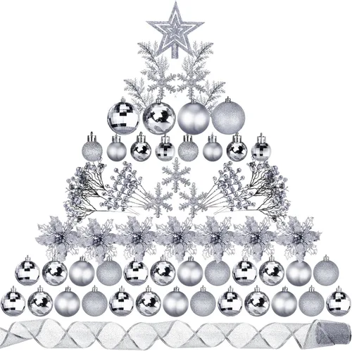 Miniatura 14 de Sratte 94 piezas de adornos para árbol de Navidad, adornos de bolas de Navidad con purpurina, flores de nochebuena, decoraciones con bayas Azul