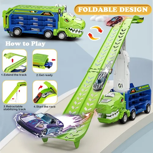 Miniatura 3 de Juguetes de camiones de dinosaurio para niños de 3, 4, 5, 6, 7, 8 años, juguetes de pista de carreras de camiones transportadores, juguete de coche