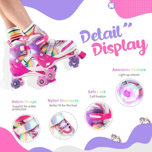 Miniatura 2 de SULIFEEL Rainbow Unicorn - Patines ajustables de 4 tamaños para niñas y niños de 3-5, 5-8, 6-12 años, patines para interiores y exteriores F rosado