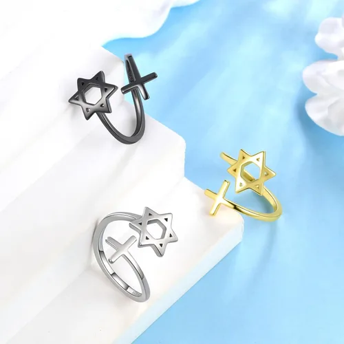 Miniatura 55 de Jewmon Anillo de plata de ley con estrella de David para mujer – Anillo ajustable Magen David – Amuleto Wicca – Regalos judíos