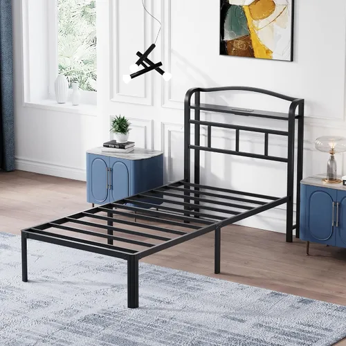 Miniatura 7 de SHOANED Base de cama de metal de 14 pulgadas, base de colchón básica de plataforma resistente de color negro con cabecera y estación de carga,