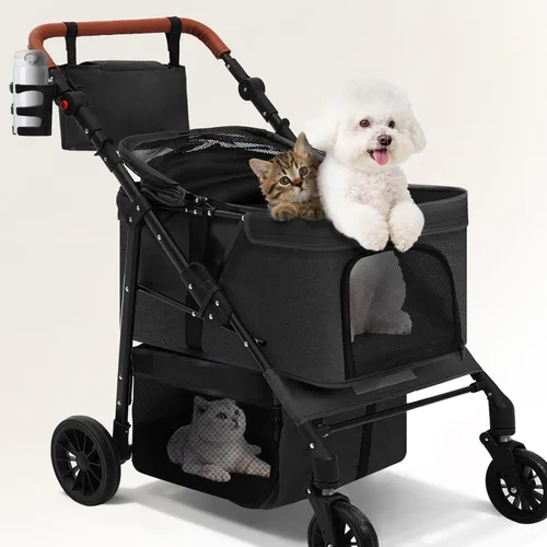Cochecito de perro para mascotas pequeñas, transportador de 4 ruedas todo terreno para gatos y perros con ruedas delanteras de 360°, mango ajustable