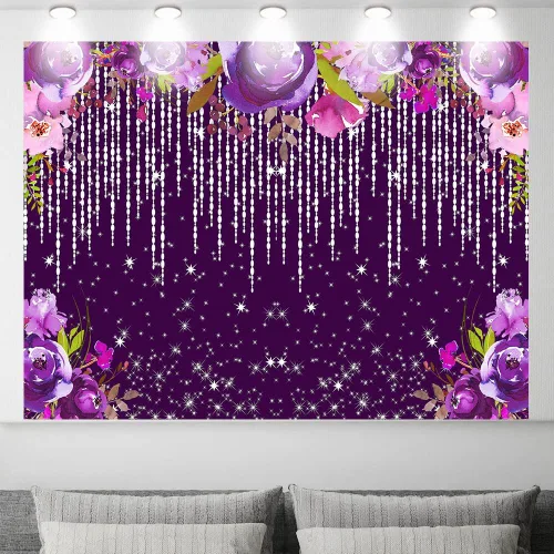 Miniatura 2 de Telón de fondo morado con purpurina de 7 x 5 pies, telón de fondo de acuarela con diamantes plateados brillantes, decoración de fiesta de té Bokeh
