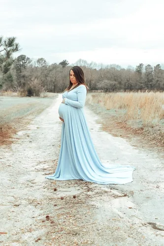 Miniatura 4 de Saslax - Vestido de noche de maternidad con hombros descubiertos, corte de medio círculo, para baby shower, fotos
