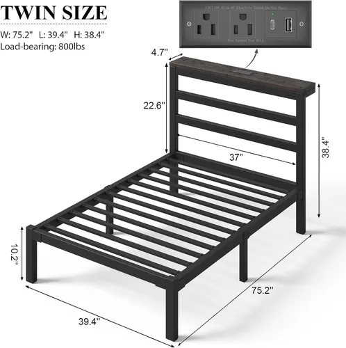 Miniatura 2 de E-Motie Marco de cama tamaño doble con cabecera de almacenamiento, plataforma industrial con estación de carga y luces LED, espacio
