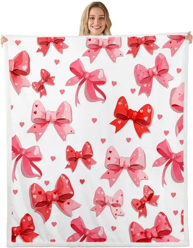 Miniatura 12 de Manta de franela de forro polar con lazos rosados femeninos de 40 x 50 pulgadas, manta mullida de corazones para el día de San Valentín para sofá