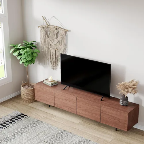 Miniatura 11 de Soporte de TV moderno de mediados de siglo, consola negra de 94.5 pulgadas para televisores de 65 a 85 pulgadas, 4 puertas de gabinete con 6