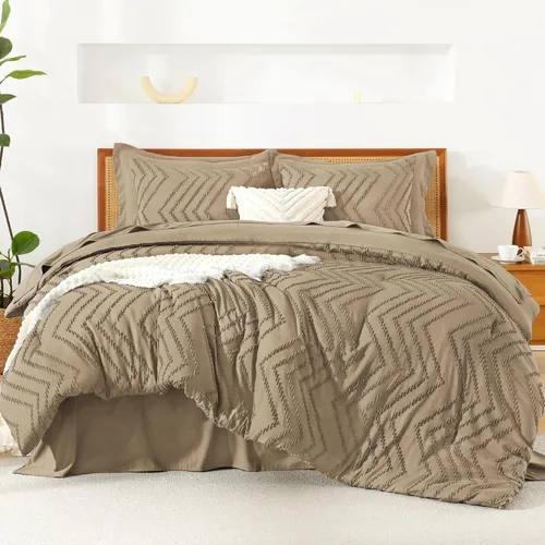 Miniatura 40 de Litanika Juego de ropa de cama con edredón tamaño King con sábanas beige - Juego de 7 piezas en una bolsa, diseño King Chevron copetudo bohemio