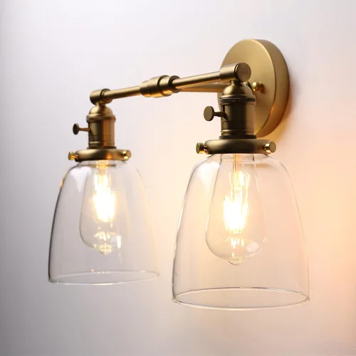 Miniatura 4 de Phansthy Apliques de pared industriales retro de 2 luces, lámpara de tocador de baño, lámpara de pared con doble pantalla de vidrio transparente