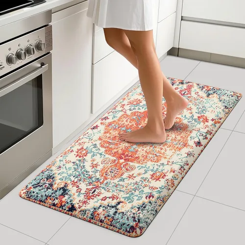 Miniatura 10 de MAYHMYO Tapete de cocina bohemio, antifatiga, étnico, acolchado, color naranja y azul, alfombras de cocina antideslizantes para cocina, suelo