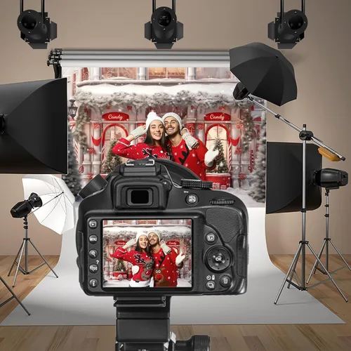 Miniatura 2 de Telón de fondo rojo de 5 x 3 pies para fotos de tienda de Navidad, pancarta de casa de jengibre de Navidad, fondo de Papá Noel, decoración