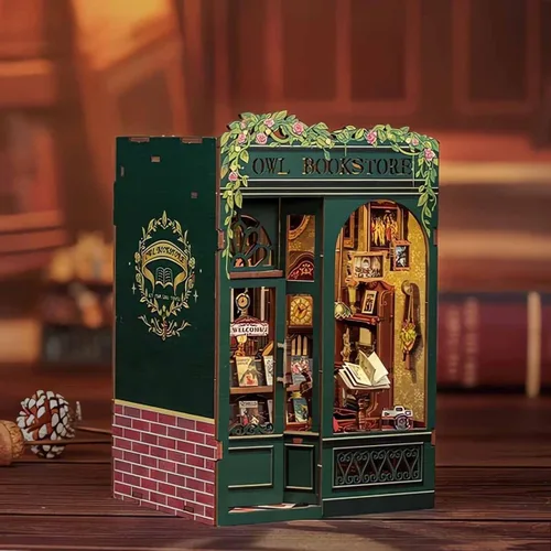 Miniatura 6 de Hands Craft Kit de bricolaje en miniatura para rincón de libros, librería de búhos, encantadora biblioteca nocturna, diseño caprichoso, encanto