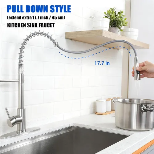 Miniatura 3 de KINGO HOME Grifo de fregadero de cocina con rociador extraíble, grifo de barra de acero inoxidable de níquel cepillado de una sola manija, grifos