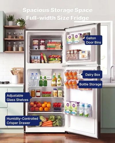 Miniatura 3 de Upstreman 10.1 Cu.Ft Refrigerator with Top Freezer, Reversible 2 Door Medium Fridge, Shelves, Drawer, Wheels, Low Noise, Temp Control, Auto Defrost