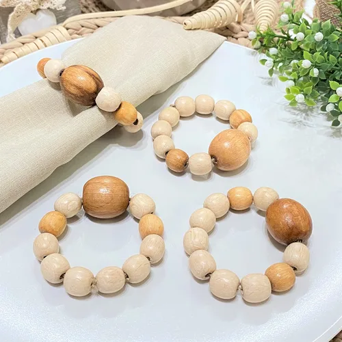 Miniatura 2 de Juego de 6 servilleteros de madera con cuentas de madera Servilleteros de madera rústica para decoración de mesa, hecho a mano, servilleta LEBEJUA