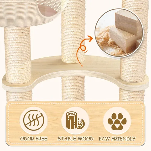 Miniatura 6 de Tinnmao Torre de árbol de madera maciza para gatos grandes, árbol de madera para gatos de 53 pulgadas con poste rascador cubierto de sisal natural