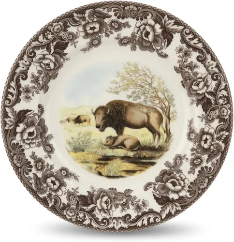 Miniatura 28 de Spode Woodland - Plato de ensalada de porcelana fina, diseño de lucioperca con borde floral marrón, vajilla clásica de campo inglés para cenas