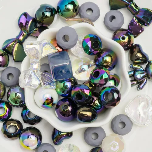 Cuentas acrílicas grandes surtidas de 3.53 onzas para manualidades, 0.78 pulgadas, color negro, mariposa, flor, corazón, estrella, forma redonda,