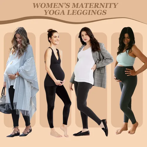 Miniatura 3 de QGGQDD Paquete de 2 leggings de maternidad sobre el vientre con bolsillos, pantalones negros de cintura alta para entrenamiento, embarazo