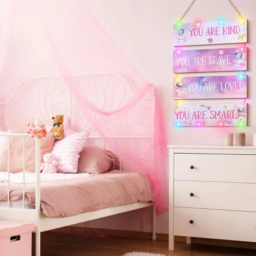 Miniatura 2 de 4 piezas de decoración de habitación espacial para niñas, arte de pared rosa para habitación con luz y control remoto, decoración de aula