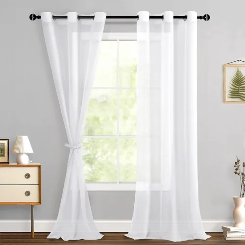 Miniatura 41 de Hiasan - Cortinas traslúcidas de gasa cortas semitransparentes con ojales y alzapaños filtrantes de luz para ventana, dormitorio, baño, 2 paneles
