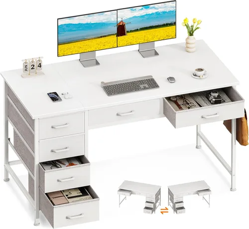 Miniatura 8 de ODK - Escritorio para computadora con 6 cajones, escritorio de oficina de 48 pulgadas con almacenamiento, escritorio reversible con gancho para Negro