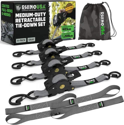 Miniatura 21 de Rhino USA Correas de trinquete retráctiles (paquete de 2) – 1 pulgada x 10 pies (1,209 libras de resistencia a la rotura) – Correas de amarre auto