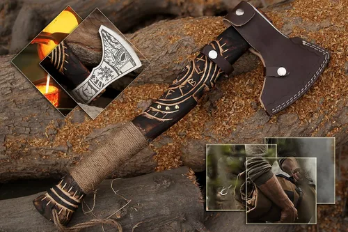Miniatura 6 de Hacha vikinga forjada a mano de 19 pulgadas, eje de madera de rosa, hacha barbuda de acero al carbono grabada para acampar, regalo vikingo para HACA